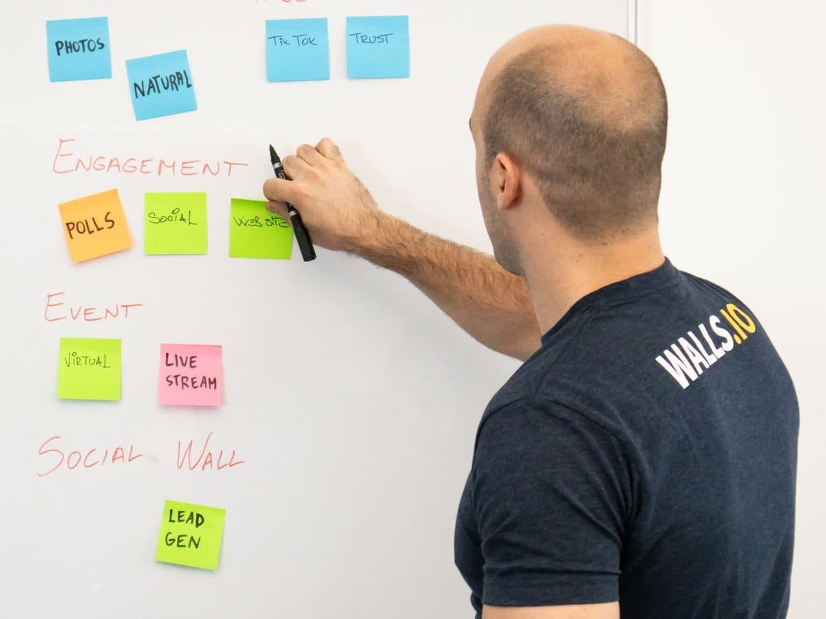 Profissional mapeia um processo em post-its num quadro
