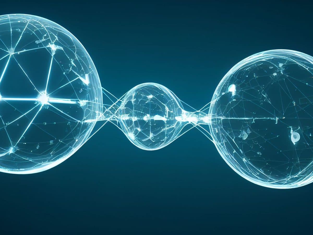 Esferas conectadas por linhas luminosas, como nós de um fluxo